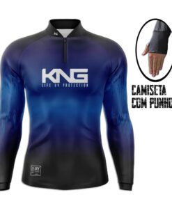 Camisa De Pesca +UV50 Dry Fit Manga Dedão Preta e Azul King